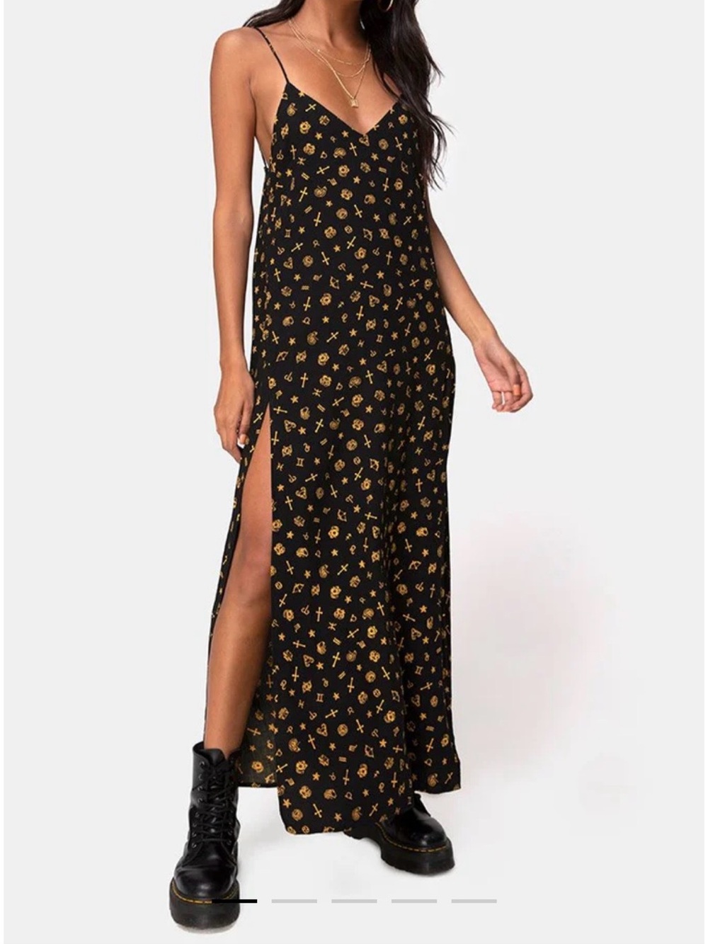 Motel Rocks Hermina Maxi Dress all-over gold zodiac print black fabric Sz S New
